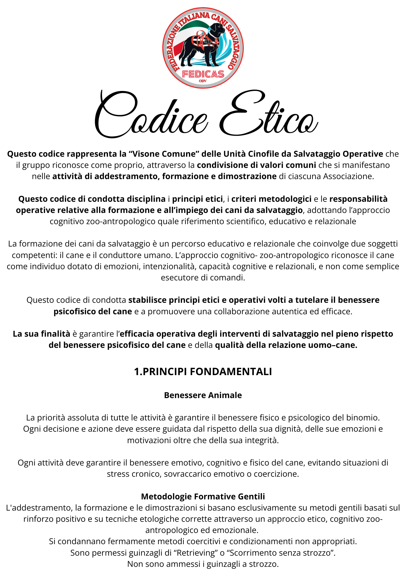 CODICE ETICO CANI SALVATAGGIO, codice etico cani da salvastaggio